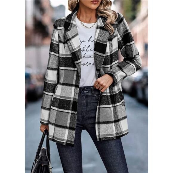 2024 Plaid Shacket Jacket Casual Button Wool Blend Winter Tartan Trench Coat - Picture 4 of 7